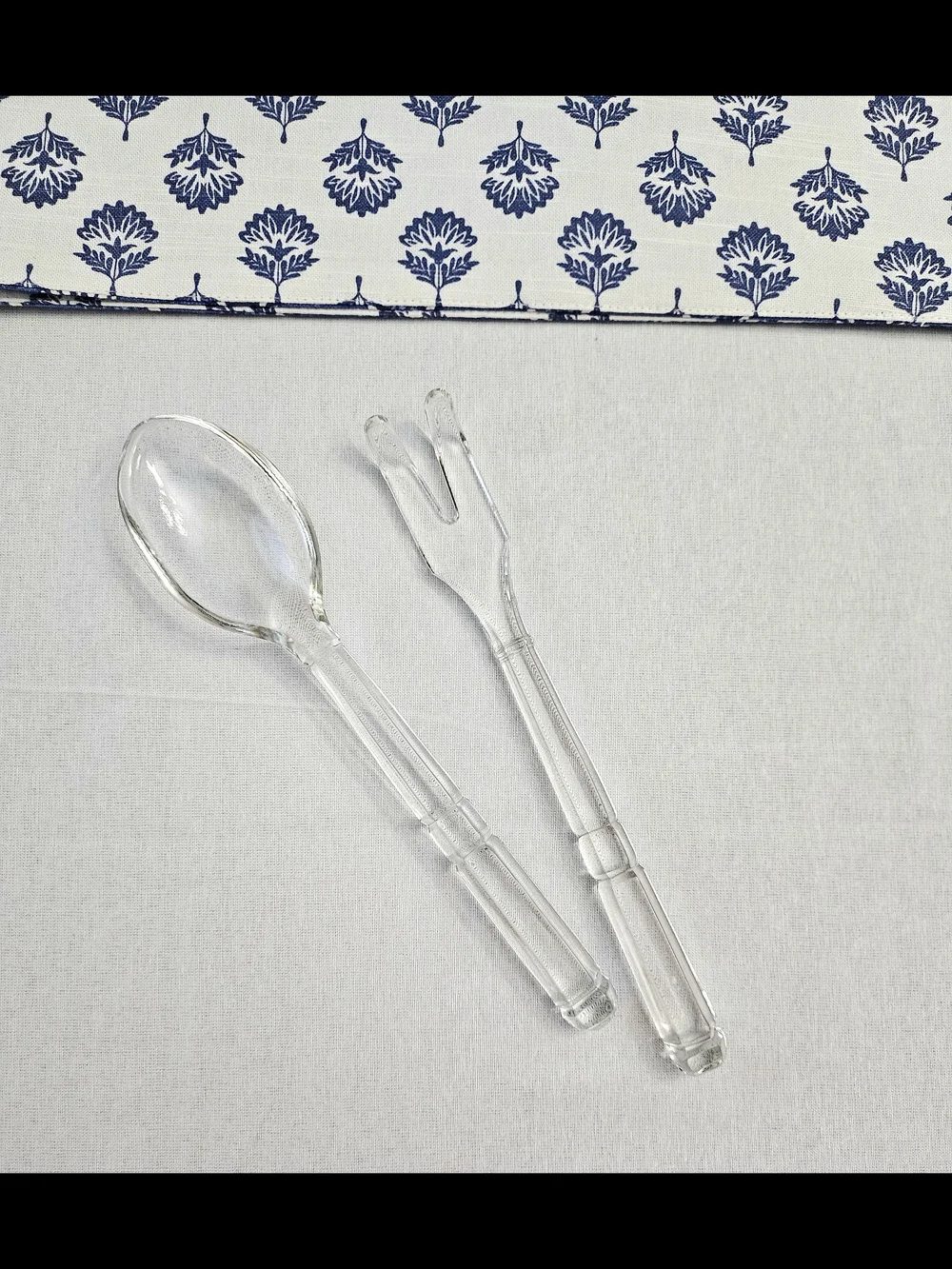 VINTAGE Clear Glass Salad Serving Set Spoon & Fork Ribbed Handle 1960s